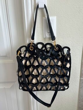 Moda Luxe Black Laser-Cut Tote with Beige Inner Pouch
